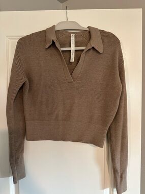 lululemon athletica Taupe Collared V-Neck Sweater merino wool blend